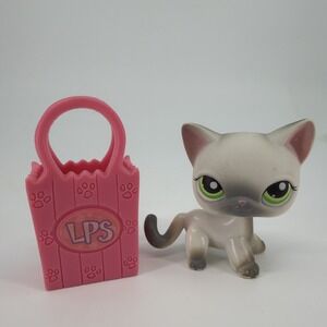 Vintage Littlest Pet Shop LPS #125 Rare Gray Shorthair Cat green Eyes 2004 + Bag